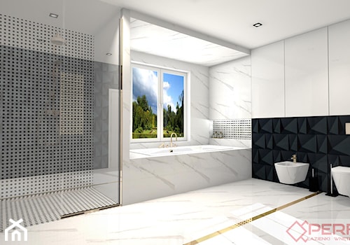 Elegancka łazienka z tapetą - Duża na poddaszu z marmurową podłogą łazienka z oknem, styl glamour - zdjęcie od PERFECTSALON