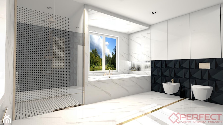 Elegancka łazienka z tapetą - Duża na poddaszu z marmurową podłogą łazienka z oknem, styl glamour - zdjęcie od PERFECTSALON