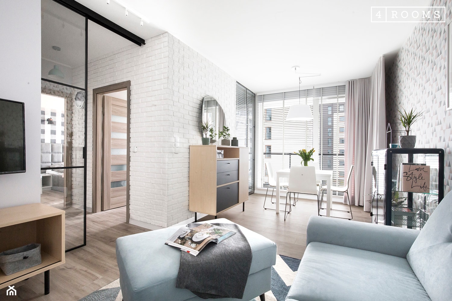 Aranżacja nowoczesnego salonu połączonego z jadalnią w mieszkaniu na wynajem - zdjęcie od 4Rooms Studio - Homebook