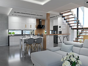 Projekt wnętrz domu w centrum Szczecina - Średnia otwarta z salonem biała szara z zabudowaną lodówką z lodówką wolnostojącą z nablatowym zlewozmywakiem kuchnia dwurzędowa z oknem, styl nowoczesny - zdjęcie od DORA-design Projektowanie wnętrz Szczecin