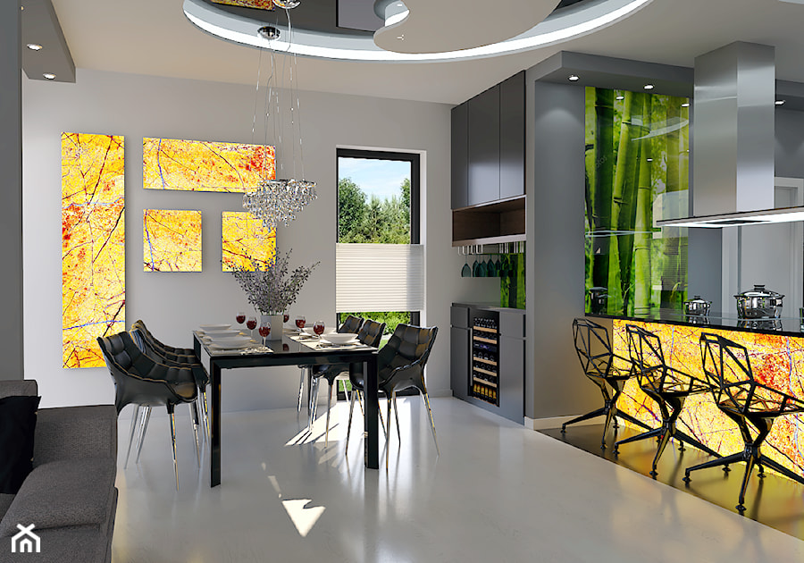 Projekt wnętrz w domu jednorodzinnym Szczecin - Duża biała szara jadalnia w salonie, styl nowoczesny - zdjęcie od DORA-design Projektowanie wnętrz Szczecin