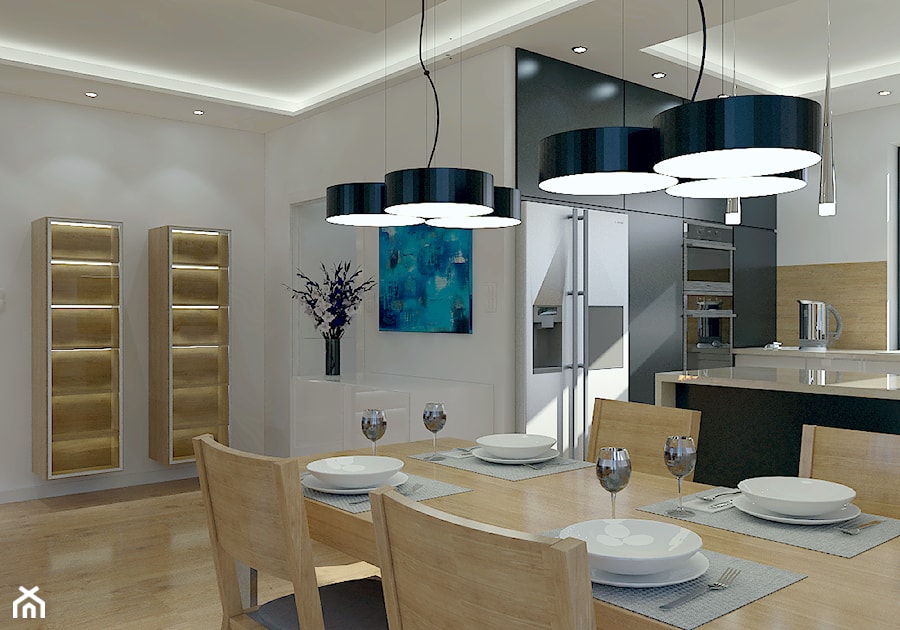 Projekt wnętrz w domu jednorodzinnym - Średnia otwarta z kamiennym blatem biała z zabudowaną lodówką kuchnia w kształcie litery g z oknem, styl nowoczesny - zdjęcie od DORA-design Projektowanie wnętrz Szczecin