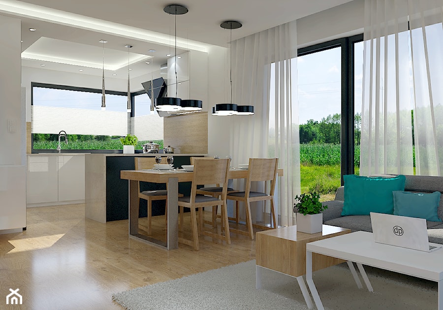 Projekt wnętrz w domu jednorodzinnym - Średnia biała jadalnia w salonie w kuchni, styl nowoczesny - zdjęcie od DORA-design Projektowanie wnętrz Szczecin