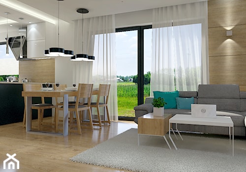 Projekt wnętrz w domu jednorodzinnym - Mały szary salon z kuchnią z jadalnią, styl nowoczesny - zdjęcie od DORA-design Projektowanie wnętrz Szczecin