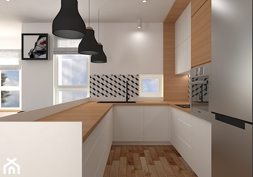 mieszkanie grodzisk mazowiecki 80 m2 - Średnia otwarta z salonem biała czarna z zabudowaną lodówką z lodówką wolnostojącą z nablatowym zlewozmywakiem kuchnia w kształcie litery u z oknem, styl nowoczesny - zdjęcie od noobo studio