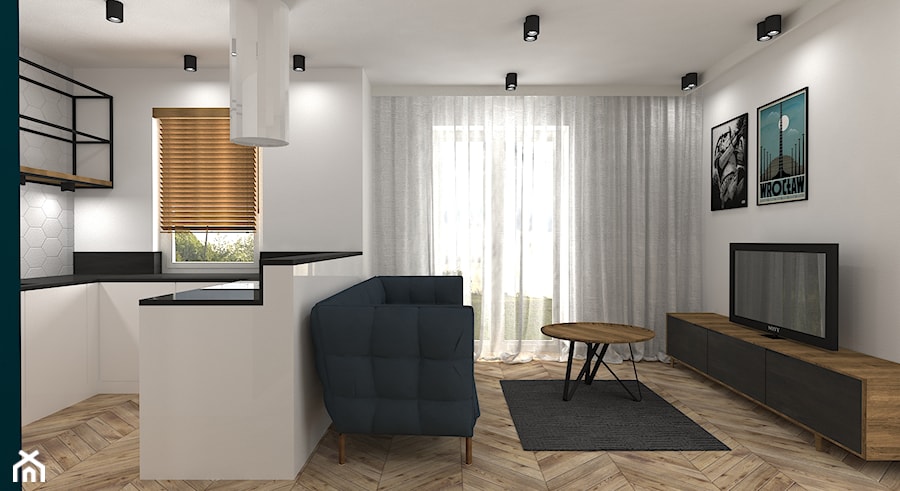 mieszkanie Żoliborz - Mały biały salon z kuchnią, styl nowoczesny - zdjęcie od noobo studio