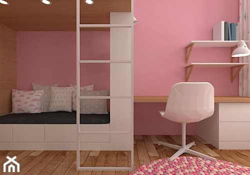 mieszkanie grodzisk mazowiecki 80 m2 - Mały różowy z panelami tapicerowanymi pokój dziecka dla dziecka dla dziewczynki dla rodzeństwa, styl skandynawski - zdjęcie od noobo studio