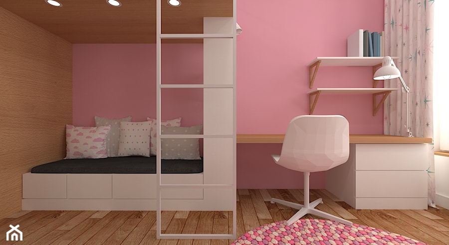 mieszkanie grodzisk mazowiecki 80 m2 - Mały różowy z panelami tapicerowanymi pokój dziecka dla dziecka dla dziewczynki dla rodzeństwa, styl skandynawski - zdjęcie od noobo studio