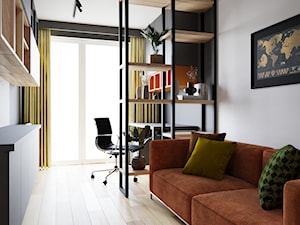 mieszkanie Warszawa Włochy - Średnie w osobnym pomieszczeniu z sofą białe szare z półkami na ścianie biuro - zdjęcie od noobo studio