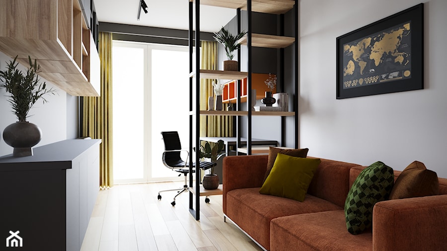 mieszkanie Warszawa Włochy - Średnie w osobnym pomieszczeniu z sofą białe szare z półkami na ścianie ... - zdjęcie od noobo studio