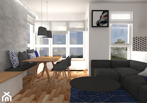 mieszkanie grodzisk mazowiecki 80 m2 - Średni biały salon z kuchnią z jadalnią z tarasem / balkonem, styl nowoczesny - zdjęcie od noobo studio