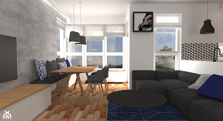 mieszkanie grodzisk mazowiecki 80 m2 - Średni biały salon z kuchnią z jadalnią z tarasem / balkonem, styl nowoczesny - zdjęcie od noobo studio
