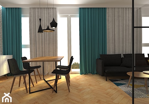 mieszkanie grodzisk mazowiecki - Średni biały salon z jadalnią z tarasem / balkonem, styl skandynawski - zdjęcie od noobo studio