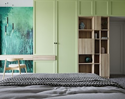 mieszkanie Warszawa Włochy - Średnia beżowa biała zielona z biurkiem sypialnia, styl nowoczesny - zdjęcie od noobo studio - Homebook
