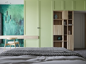 mieszkanie Warszawa Włochy - Średnia beżowa biała zielona z biurkiem sypialnia, styl nowoczesny - zdjęcie od noobo studio