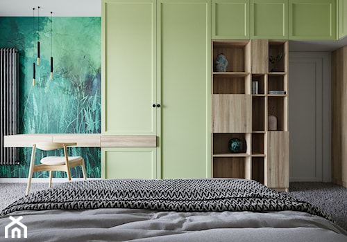 mieszkanie Warszawa Włochy - Średnia beżowa biała zielona z biurkiem sypialnia, styl nowoczesny - zdjęcie od noobo studio