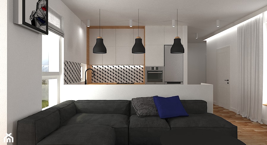 mieszkanie grodzisk mazowiecki 80 m2 - Średnia otwarta z salonem szara z zabudowaną lodówką kuchnia w kształcie litery u, styl nowoczesny - zdjęcie od noobo studio