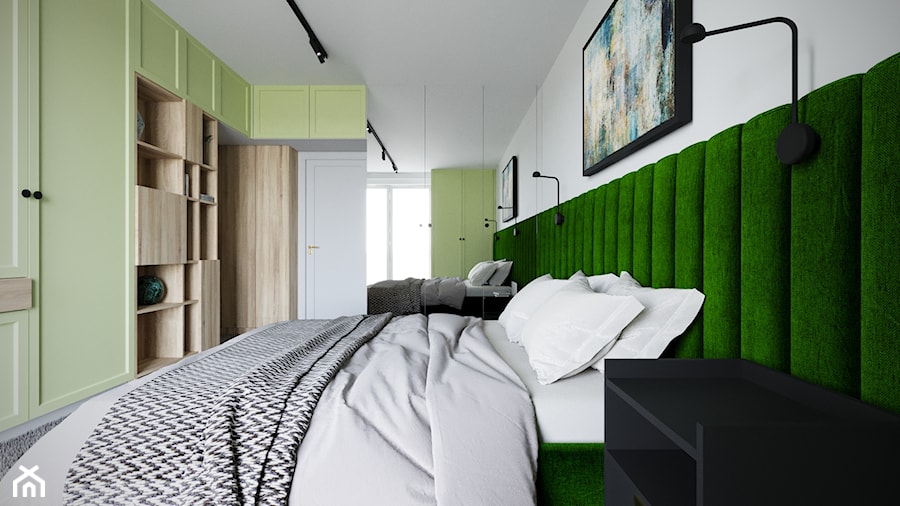 mieszkanie Warszawa Włochy - Średnia biała zielona z szafkami nocnymi zielony sypialnia, styl nowoc ... - zdjęcie od noobo studio