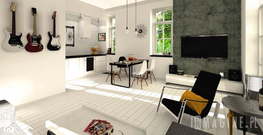 Pokój dzienny z jadalnią w bieli i szarościach - zdjęcie od Design-Store - Homebook