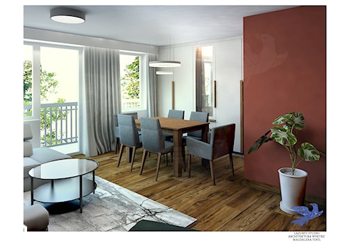 remont salonu - Średni biały czerwony salon z jadalnią - zdjęcie od Lazuryt Studio Architektura Wnętrz