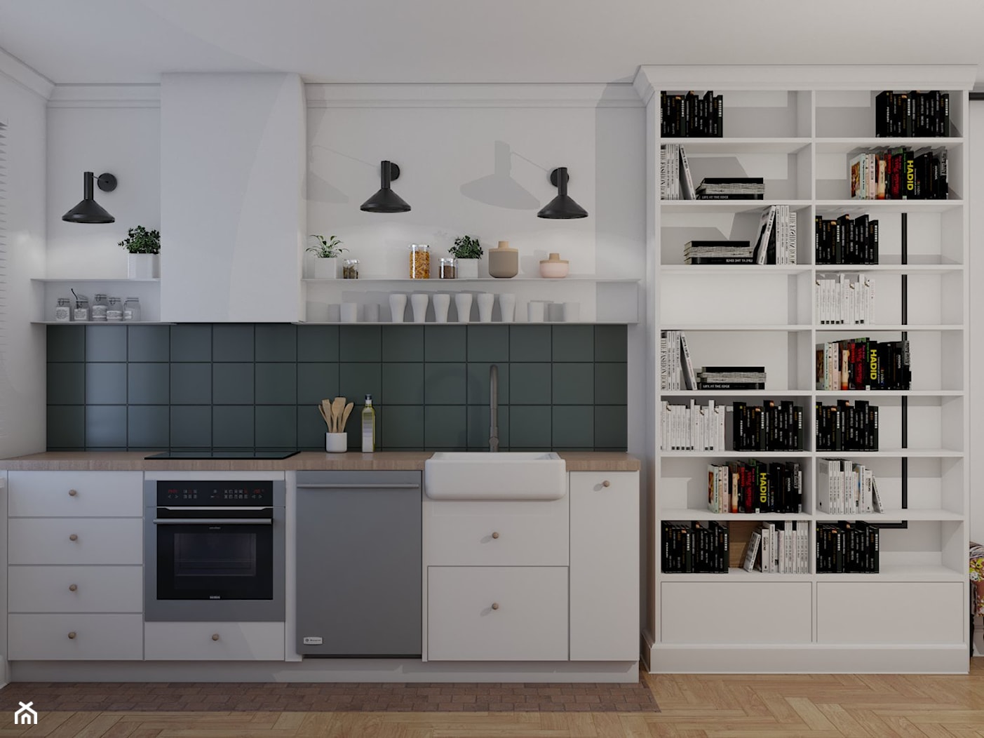 Mieszkanie w stylu kamienicy - Mała otwarta biała zielona z zabudowaną lodówką z nablatowym zlewozmywakiem kuchnia jednorzędowa z marmurową podłogą, styl minimalistyczny - zdjęcie od Studio 36m2 - Homebook