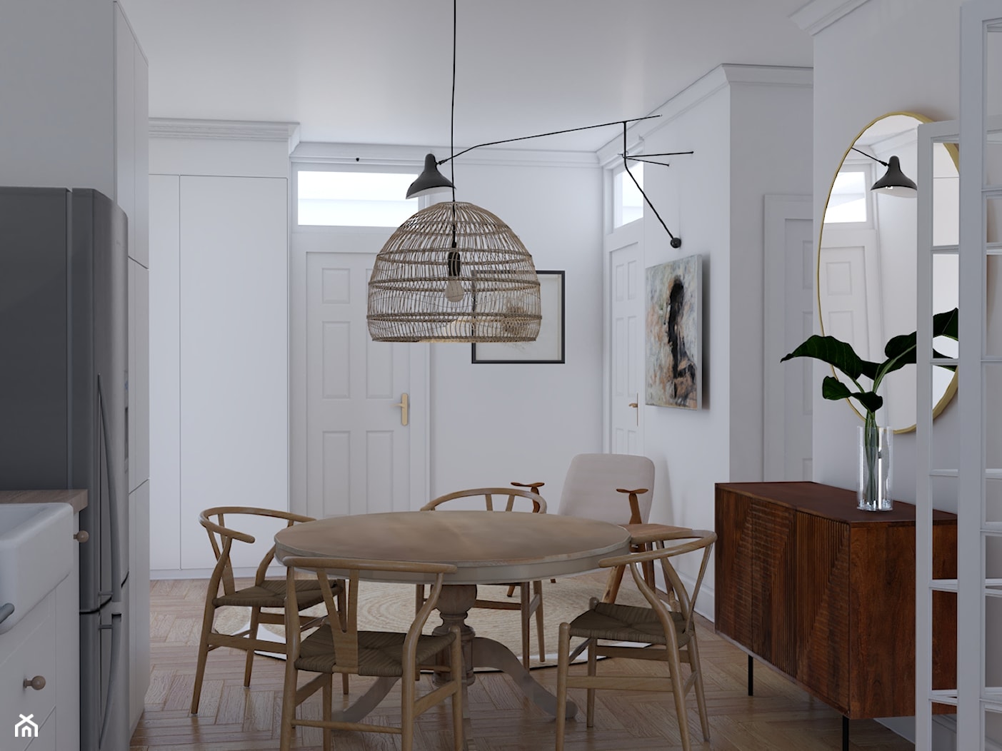 Mieszkanie w stylu kamienicy - Średnia otwarta biała z lodówką wolnostojącą z nablatowym zlewozmywakiem kuchnia jednorzędowa, styl minimalistyczny - zdjęcie od Studio 36m2 - Homebook