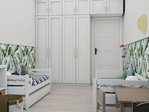 Projekt koncepcyjny pokoju dziecięcego w kilku wersjach - Duży biały zielony pokój dziecka dla dziecka dla chłopca dla dziewczynki dla rodzeństwa, styl skandynawski - zdjęcie od Studio 36m2