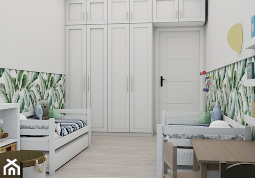 Projekt koncepcyjny pokoju dziecięcego w kilku wersjach - Duży biały zielony pokój dziecka dla dziecka dla chłopca dla dziewczynki dla rodzeństwa, styl skandynawski - zdjęcie od Studio 36m2