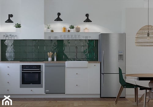 Mieszkanie w stylu kamienicy - Średnia zamknięta biała zielona z zabudowaną lodówką z nablatowym zlewozmywakiem kuchnia jednorzędowa z oknem, styl minimalistyczny - zdjęcie od Studio 36m2