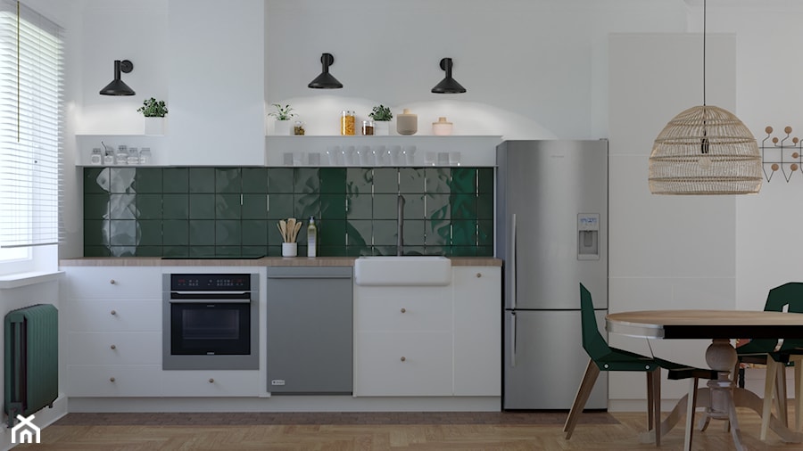 Mieszkanie w stylu kamienicy - Średnia zamknięta biała zielona z zabudowaną lodówką z nablatowym zlewozmywakiem kuchnia jednorzędowa z oknem, styl minimalistyczny - zdjęcie od Studio 36m2