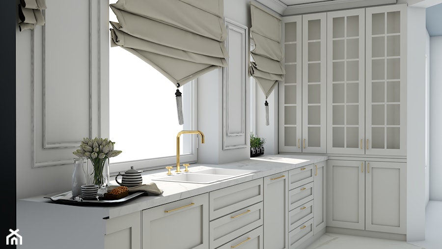 Kuchnia w domu jednorodzinnym - Średnia otwarta z salonem biała z zabudowaną lodówką z nablatowym zlewozmywakiem kuchnia w kształcie litery l z oknem z marmurową podłogą, styl glamour - zdjęcie od Studio 36m2