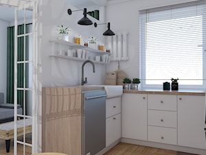 Mieszkanie w stylu kamienicy - Średnia zamknięta biała z zabudowaną lodówką z nablatowym zlewozmywakiem kuchnia w kształcie litery l z oknem, styl minimalistyczny - zdjęcie od Studio 36m2