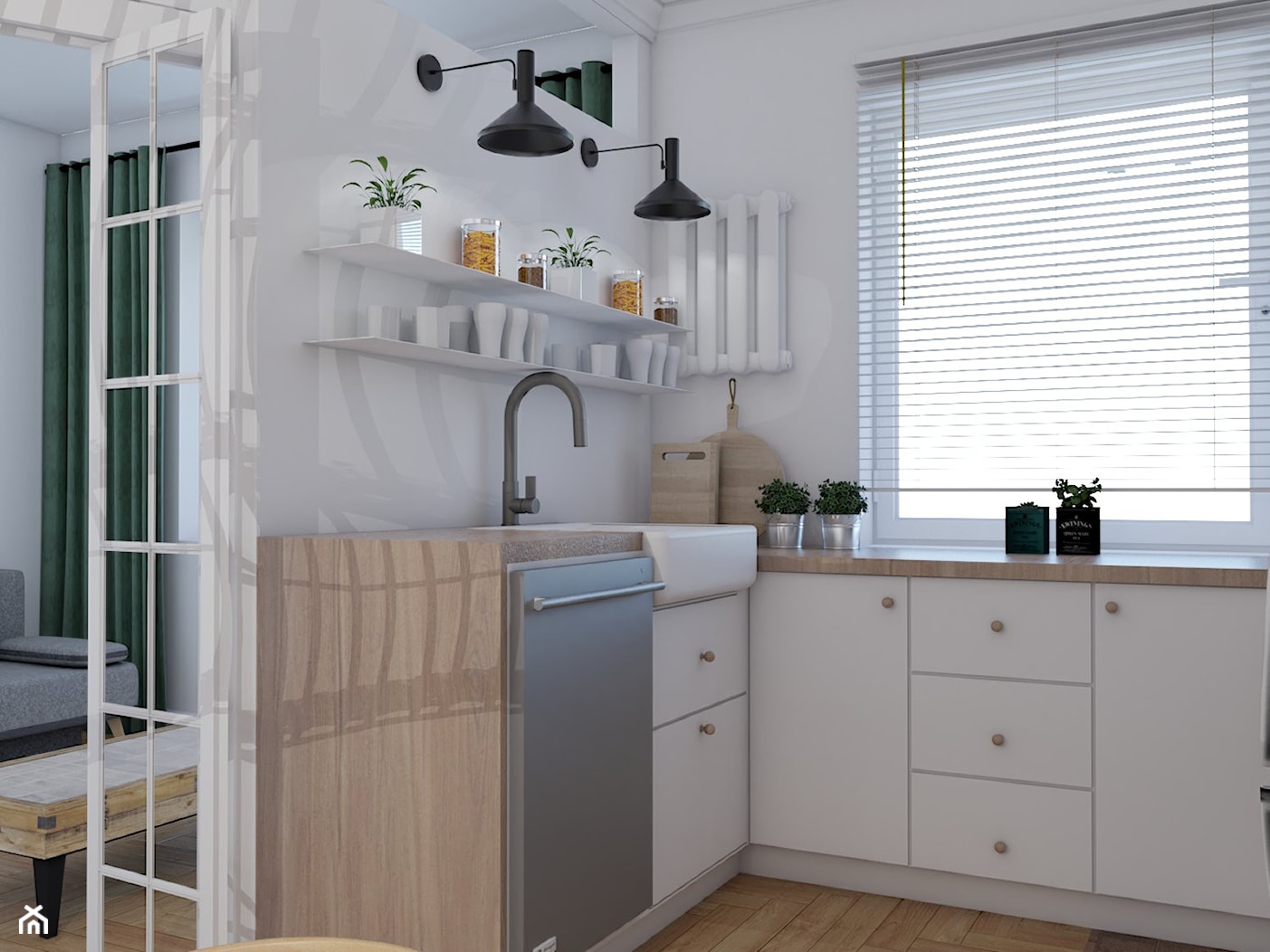Mieszkanie w stylu kamienicy - Średnia zamknięta biała z zabudowaną lodówką z nablatowym zlewozmywakiem kuchnia w kształcie litery l z oknem, styl minimalistyczny - zdjęcie od Studio 36m2 - Homebook
