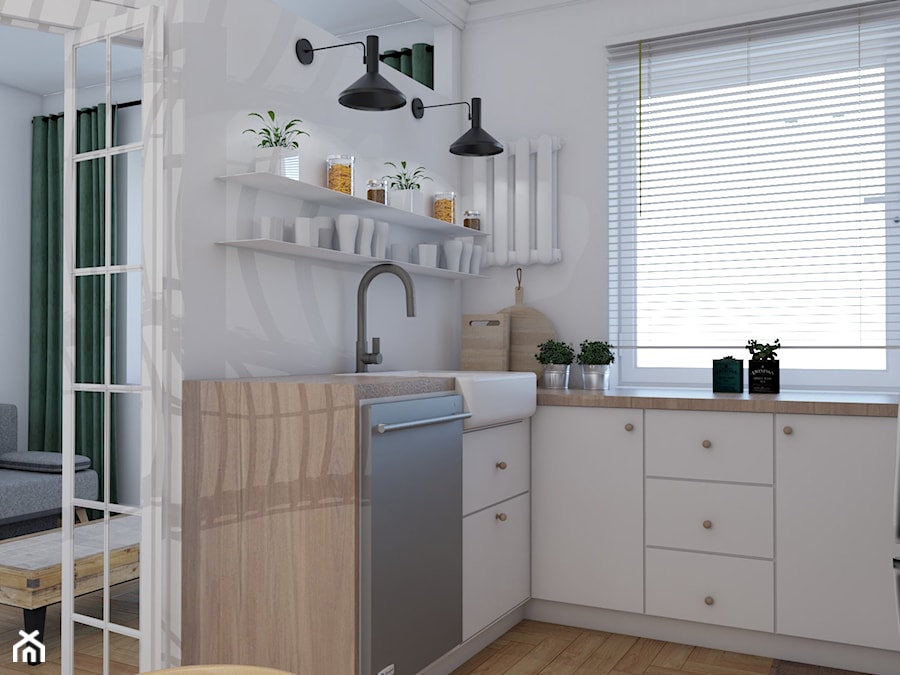 Mieszkanie w stylu kamienicy - Średnia zamknięta biała z zabudowaną lodówką z nablatowym zlewozmywakiem kuchnia w kształcie litery l z oknem, styl minimalistyczny - zdjęcie od Studio 36m2