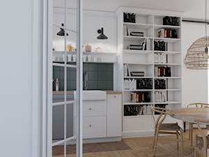 Mieszkanie w stylu kamienicy - Mała otwarta biała zielona z zabudowaną lodówką z nablatowym zlewozmywakiem kuchnia jednorzędowa, styl minimalistyczny - zdjęcie od Studio 36m2