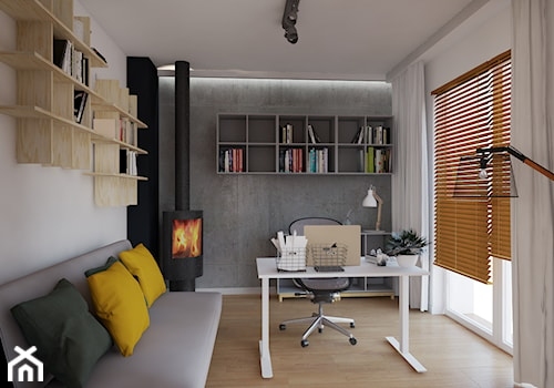 170 m2 w Łomiankach - Średnie w osobnym pomieszczeniu z sofą białe szare biuro, styl industrialny - zdjęcie od Studio 36m2