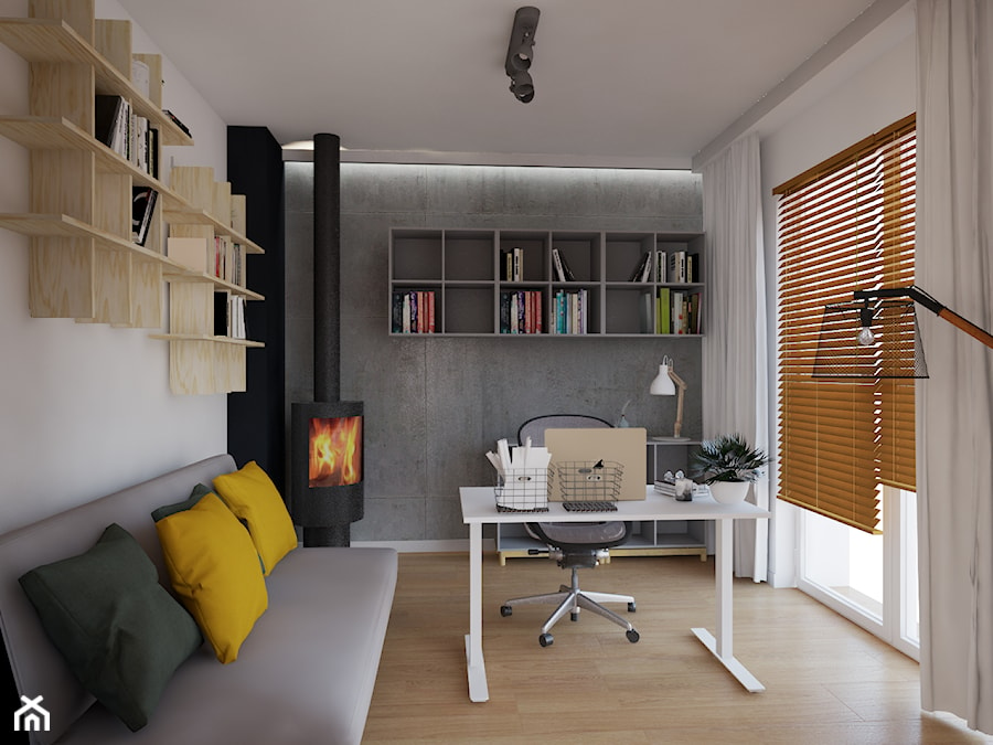 170 m2 w Łomiankach - Średnie w osobnym pomieszczeniu z sofą białe szare biuro, styl industrialny - zdjęcie od Studio 36m2