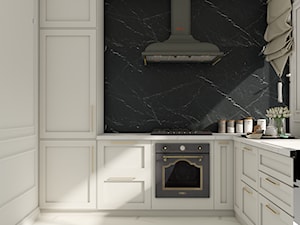 Kuchnia w domu jednorodzinnym - Średnia biała czarna z zabudowaną lodówką kuchnia w kształcie litery u z oknem, styl glamour - zdjęcie od Studio 36m2