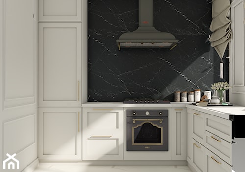 Kuchnia w domu jednorodzinnym - Średnia biała czarna z zabudowaną lodówką kuchnia w kształcie litery u z oknem, styl glamour - zdjęcie od Studio 36m2