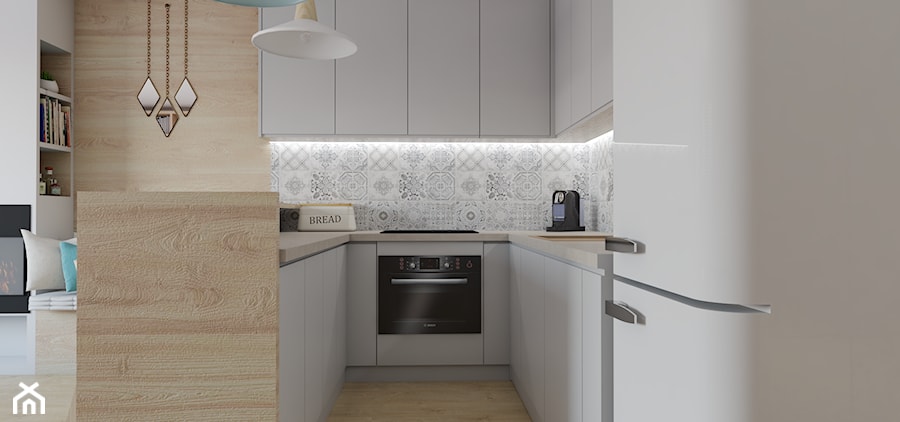 Segment w Ursusie - Średnia otwarta biała z zabudowaną lodówką kuchnia w kształcie litery u, styl skandynawski - zdjęcie od Studio 36m2