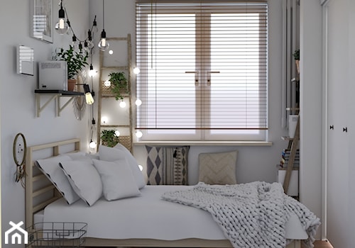 Metamorfoza sypialni - Mała biała sypialnia, styl skandynawski - zdjęcie od Studio 36m2