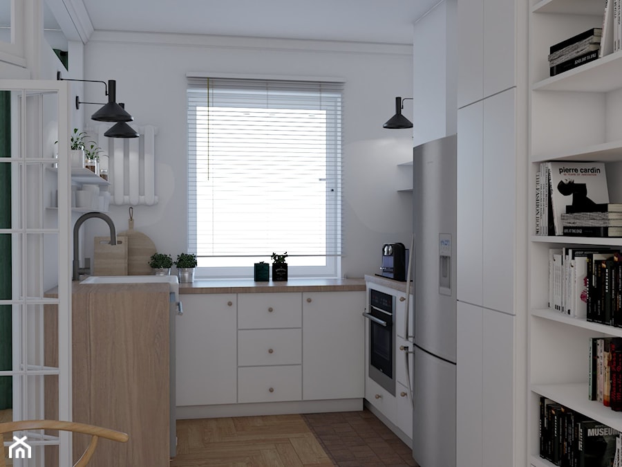 Mieszkanie w stylu kamienicy - Mała otwarta szara z zabudowaną lodówką z lodówką wolnostojącą z nablatowym zlewozmywakiem kuchnia w kształcie litery u z oknem, styl minimalistyczny - zdjęcie od Studio 36m2