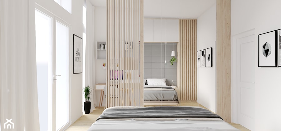 Segment w Ursusie - Średnia biała szara z biurkiem sypialnia, styl skandynawski - zdjęcie od Studio 36m2
