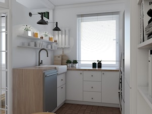 Mieszkanie w stylu kamienicy - Średnia zamknięta biała z zabudowaną lodówką z nablatowym zlewozmywakiem kuchnia w kształcie litery u z oknem z marmurową podłogą, styl minimalistyczny - zdjęcie od Studio 36m2