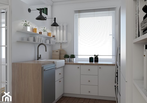 Mieszkanie w stylu kamienicy - Średnia zamknięta biała z zabudowaną lodówką z nablatowym zlewozmywakiem kuchnia w kształcie litery u z oknem z marmurową podłogą, styl minimalistyczny - zdjęcie od Studio 36m2