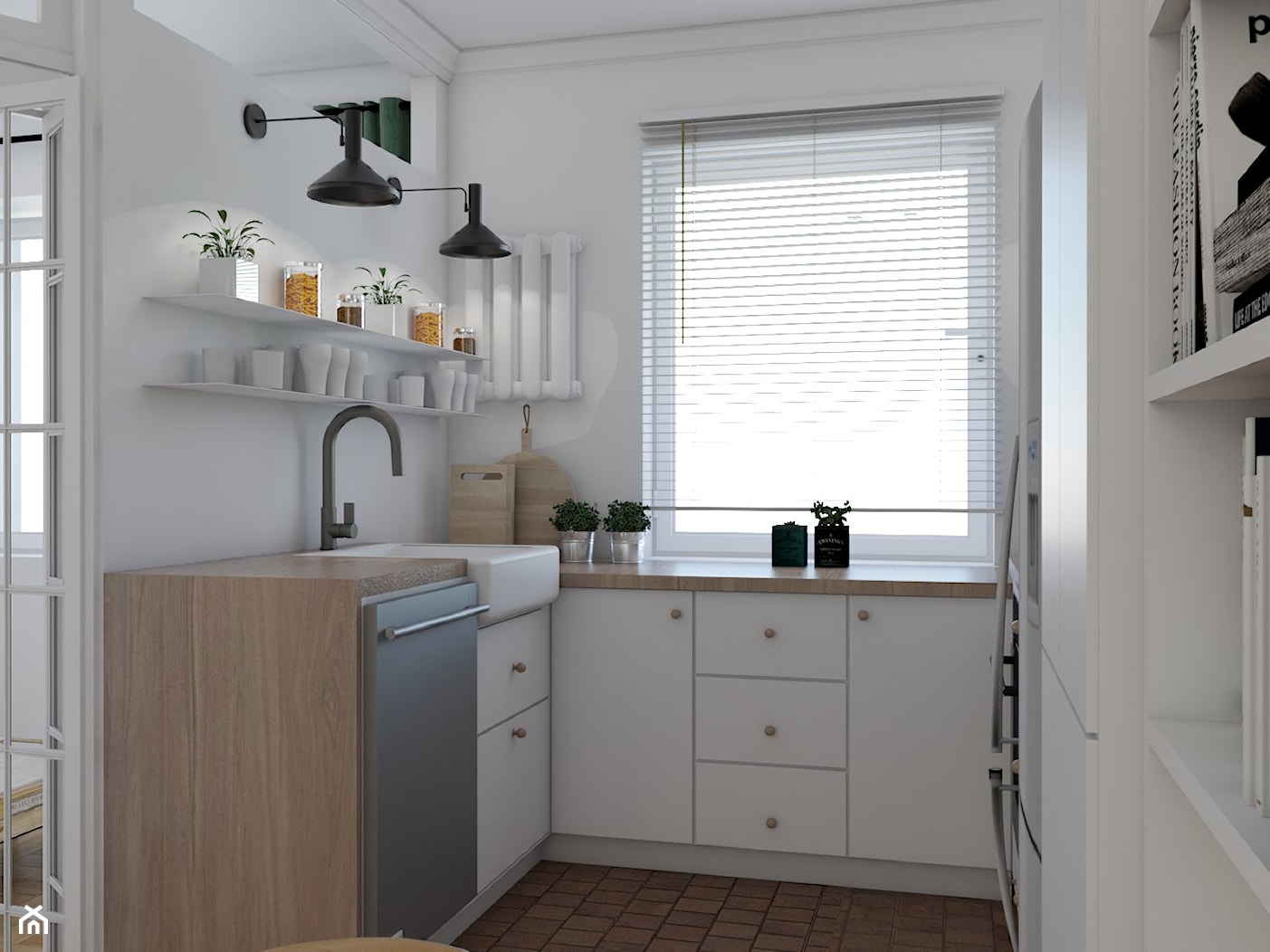 Mieszkanie w stylu kamienicy - Średnia zamknięta biała z zabudowaną lodówką z nablatowym zlewozmywakiem kuchnia w kształcie litery u z oknem z marmurową podłogą, styl minimalistyczny - zdjęcie od Studio 36m2 - Homebook