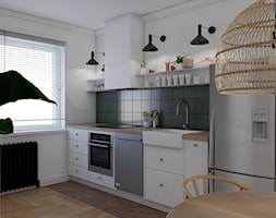 Mieszkanie w stylu kamienicy - Średnia otwarta biała zielona z zabudowaną lodówką z nablatowym zlewo ... - zdjęcie od Studio 36m2 - Homebook