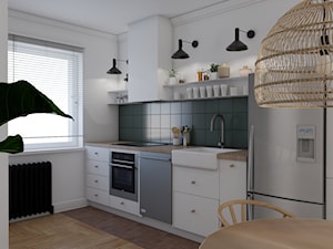 Mieszkanie w stylu kamienicy - Średnia otwarta biała zielona z zabudowaną lodówką z nablatowym zlewozmywakiem kuchnia jednorzędowa z oknem, styl minimalistyczny - zdjęcie od Studio 36m2