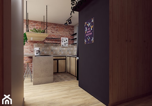 Nietypowe mieszkanie dla Pary - Mała otwarta z salonem z kamiennym blatem z zabudowaną lodówką kuchnia w kształcie litery u, styl industrialny - zdjęcie od Studio 36m2