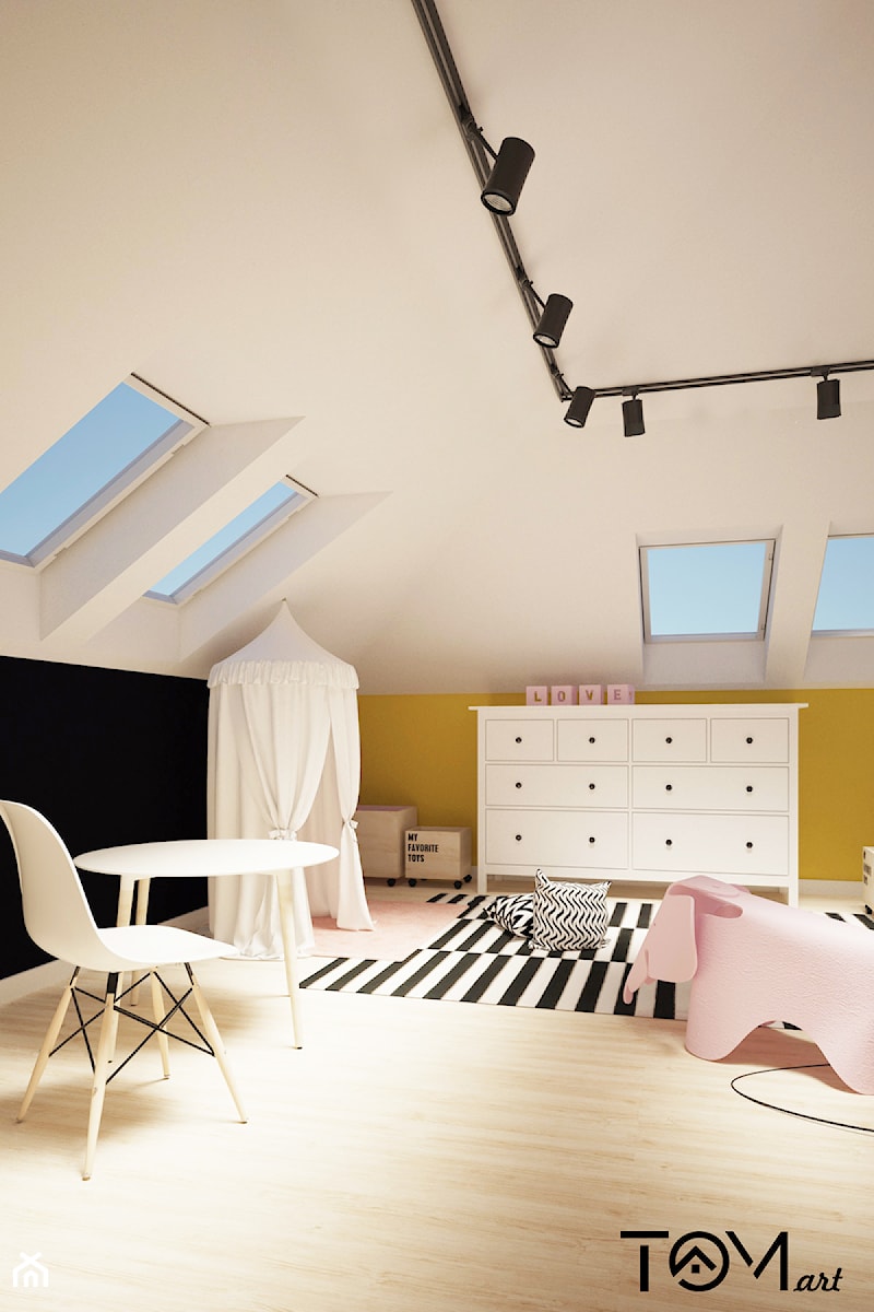 STUDZIANKI - pokoje dziecięce i sypialnia na poddaszu - Duży biały czarny żółty pokój dziecka dla dziecka dla dziewczynki - zdjęcie od Martyna Ignatowicz